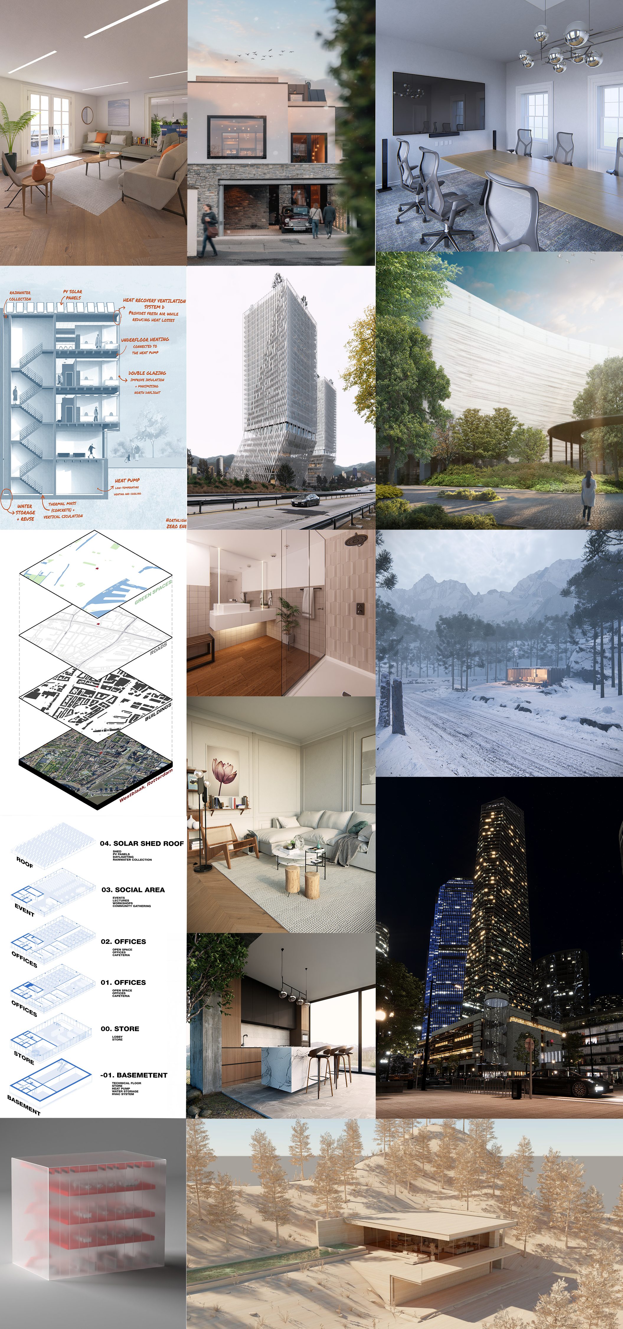 ml3d portfolio collage — exteriors, interiors, diagrams, site analysis and sustainability studies